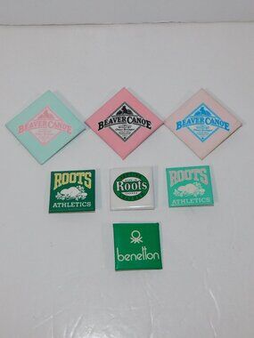 Set 7 Vintage Roots Beaver Canoe & Benetton Square Pin Back Buttons